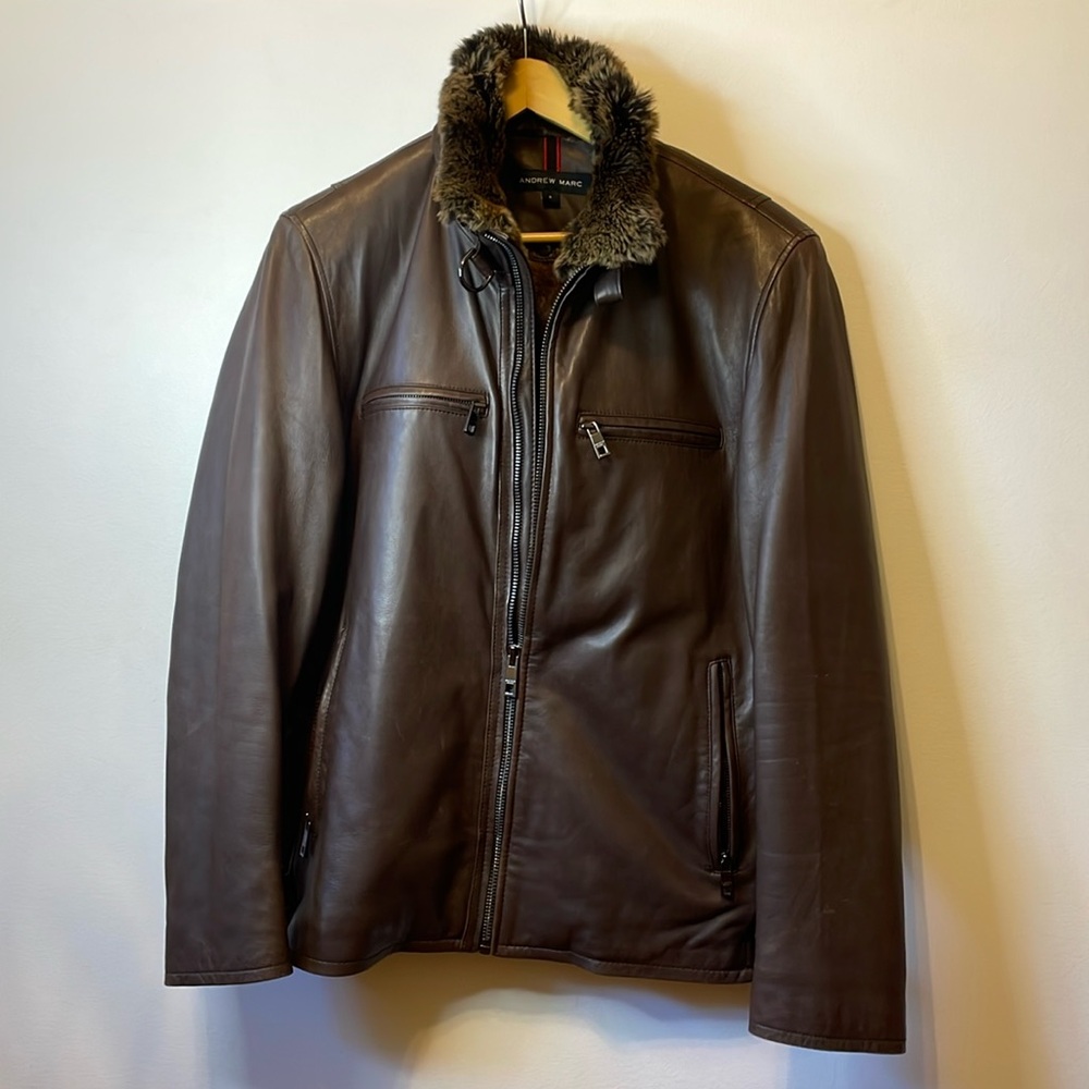 Andrew Marc brown leather fur lined jacket. Only worn a handful of times.